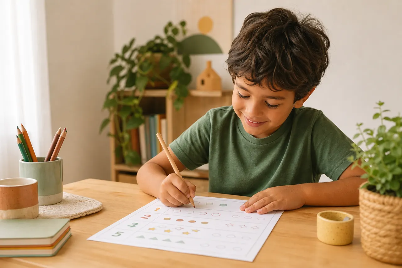Criança praticando matemática com uma atividade impressa